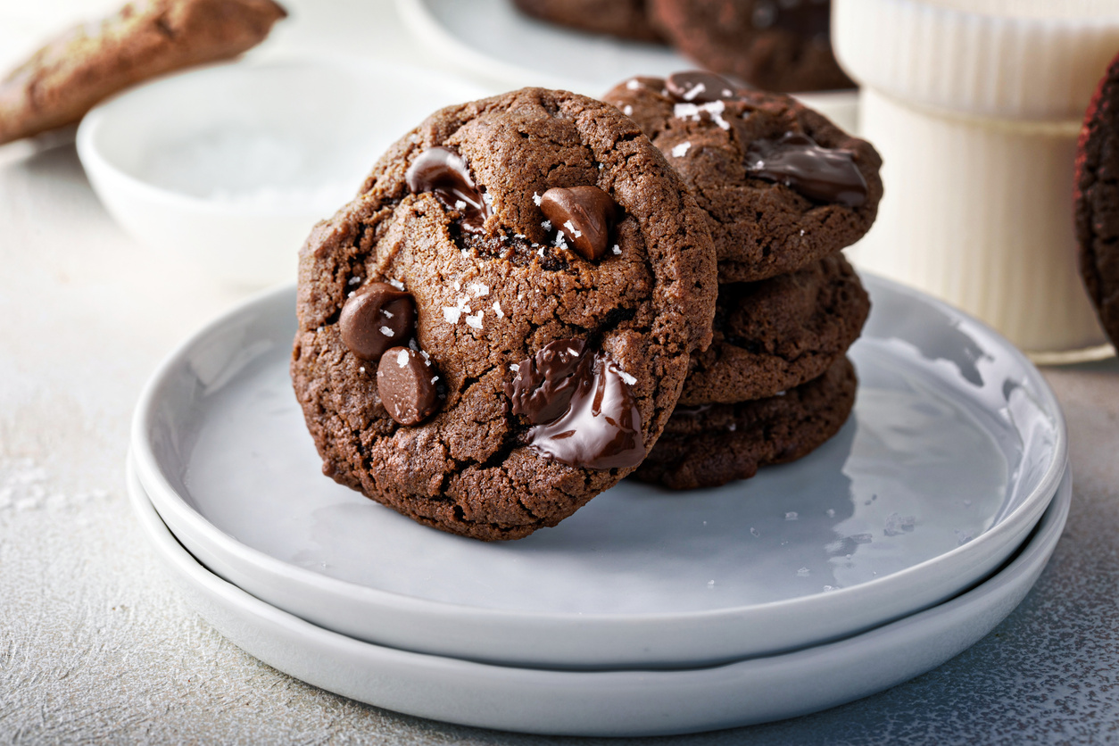 Double chocolate cookies with dark chocolate chips and salt flakes